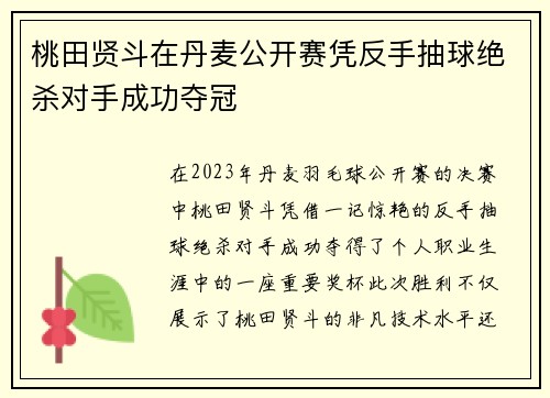 桃田贤斗在丹麦公开赛凭反手抽球绝杀对手成功夺冠 桃田贤斗在丹麦公开赛凭反手抽球绝杀对手成功夺冠