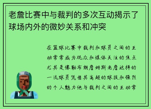 老詹比赛中与裁判的多次互动揭示了球场内外的微妙关系和冲突