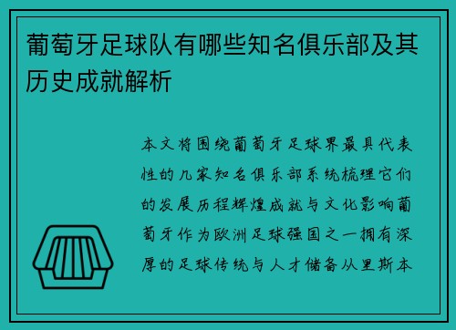 葡萄牙足球队有哪些知名俱乐部及其历史成就解析