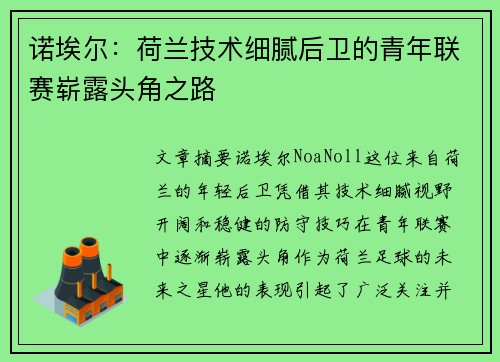 诺埃尔：荷兰技术细腻后卫的青年联赛崭露头角之路